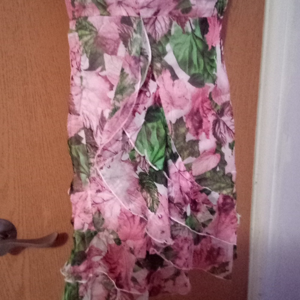 Floral Puff Sleeve‎ Mini Dress Pink Green Sweetheart Neck Ruffle Hem Tiered L - Picture 5 of 10